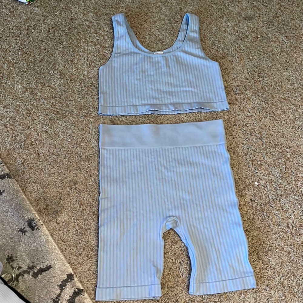 Blue biker shorts and sports bra set